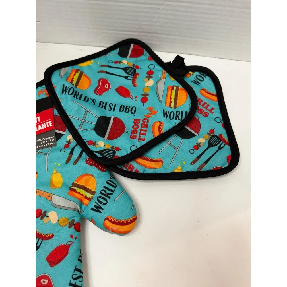 Home Collection Grill Boss BBQ Oven Mitt and Pot Holder Set 3pc Teal NEW